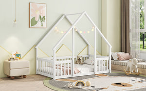 English Elm Twin Wood House-Shaped Floor Bed with Fence and Guardrails – Playful Pine Frame for Imaginative Kids Retreat White W504P143290