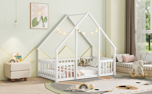English Elm Twin Wood House-Shaped Floor Bed with Fence and Guardrails – Playful Pine Frame for Imaginative Kids Retreat White W504P143290