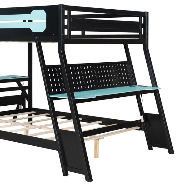 English Elm Full Size Gaming Bunk Bed with Dual Desks Usb Charging Ports and Pegboard Storage Blue LT000274AAC