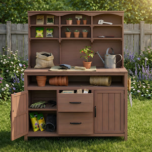 English Elm (with Hutch) Topmax Solid Fir Outdoor Potting Bench Station Cabinets Drawers Patio Garden Brown N717P404332D
