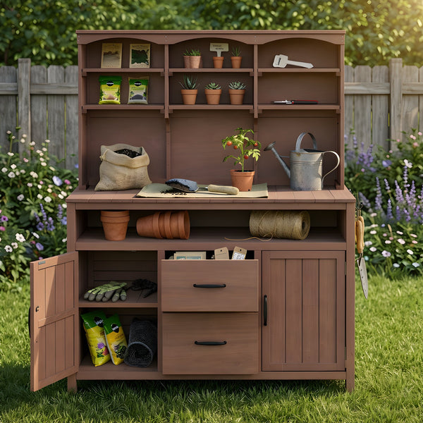 English Elm (with Hutch) Topmax Solid Fir Outdoor Potting Bench Station Cabinets Drawers Patio Garden Brown N717P404332D