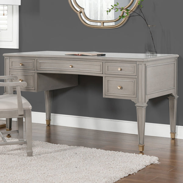 English Elm Jennifer Taylor Home - Dauphin Elegant 5-Drawer Executive Desk In Grey Cashmere With Gold Accents For Stylish Workspaces B2719P238476