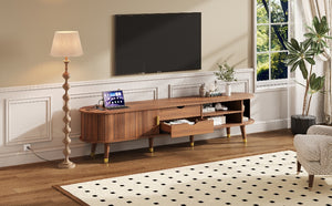 English Elm Wooden Fluted Tambour Media Console Mid Century Modern Tv Stand with Built in Charging Walnut N721P428444D