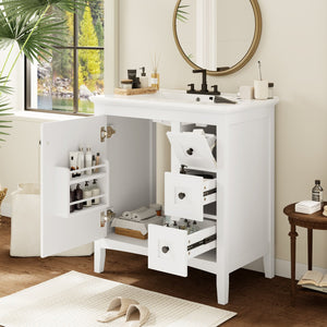 English Elm 30 Inch Bathroom Vanity with Ceramic Sink and 3 Smooth-Glide Drawers, Modern Moisture-Resistant Storage White N710P252105K