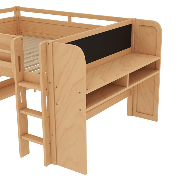 English Elm Twin Low Loft Bed Solid Pine Frame Kids Study Desk Blackboard Storage White W1580S00571