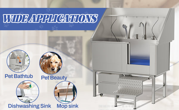 English Elm 50instainless Steel Pet Grooming Tub with Ramps Soap Box and Welded Seamless Basin W3190S00001