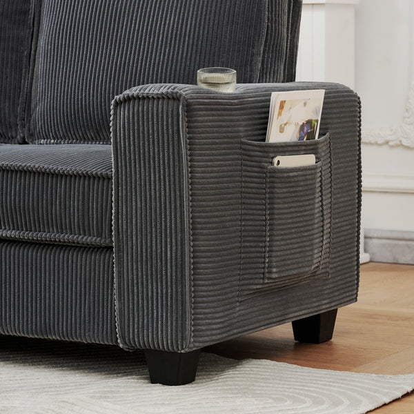 English Elm 84.25-inch Corduroy Three Seater Sofa with Cup Holders Modern Minimalist Living Room Couch Gray W288P399979