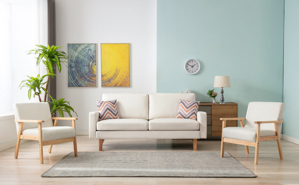 English Elm Bari Mid-century Linen Sofa and Chair Set with Natural Wood Legs for Living Rooms B2749S00065