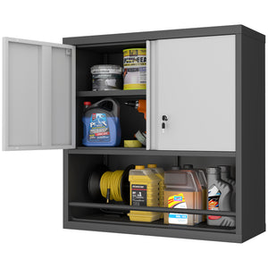 English Elm Metal Wall Mounted Steel Cabinet Lockable Doors Adjustable Shelves Kitchen Office Storage Black+Grey T3625P366860