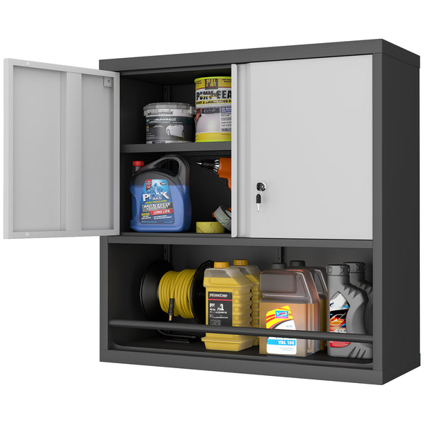 English Elm Metal Wall Mounted Steel Cabinet Lockable Doors Adjustable Shelves Kitchen Office Storage Black+Grey T3625P366860
