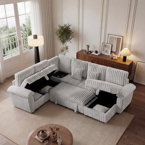 English Elm 110-inch U-shaped Corduroy Sectional with Sleeper Storage and Built-in Charging Table W2564S00053