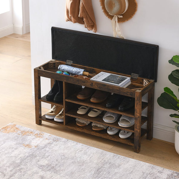 English Elm A Height-Adjustable Shoe Changing Bench With Vintage Charcoal-Grained Wood, Storage & Comfort W487P289971
