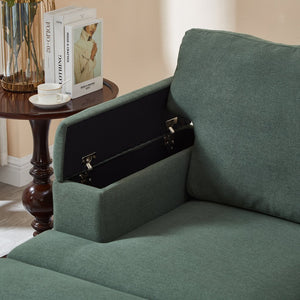 English Elm 86" Linen Sectional Sofa with Storage Ottoman Reversible Chaise for Small Spaces Dark Green W1669S00037