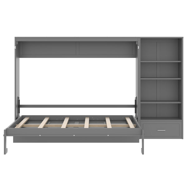English Elm Queen Murphy Bed with Built-In Shelves, Height-Adjustable Storage & Drawer for Small Spaces Gray 71.6 L x 21.5 W x 6.1 H N733S309223E