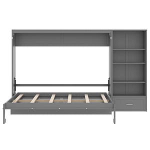 English Elm Queen Murphy Wall Bed with Folding Platform Side Cabinet Drawer and Adjustable Shelves Gray N733S407545E