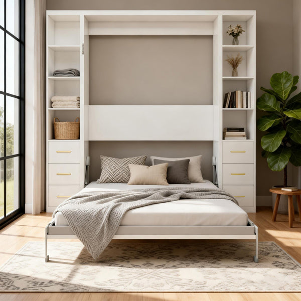 English Elm Desk Murphy Wall Bed Queen with Side Storage Cabinets for Home Office Study W5290S00003