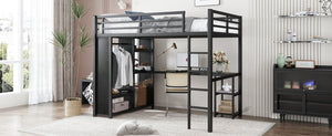 English Elm Full Size Loft Bed Frame With Wardrobe, Desk & Storage Shelves - Modern Black Metal Design W1580S00120