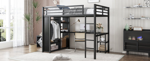 English Elm Full Size Loft Bed Frame With Wardrobe, Desk & Storage Shelves - Modern Black Metal Design W1580S00120