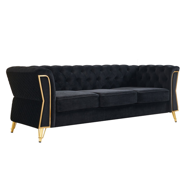 English Elm Modern Tufted Velvet Sofa with Gold Accent Frame and Flared Arms, High-Density Comfort Seating Black W579P329999