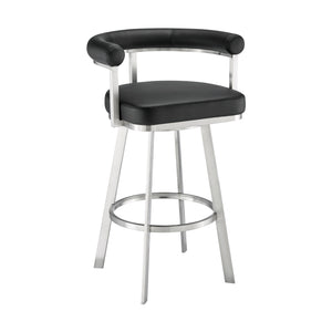 English Elm Pryden 30" Swivel Bar Stool Brushed Stainless & Black Faux Leather — 360° Swivel, Easy-Clean Comfort B2736P354321