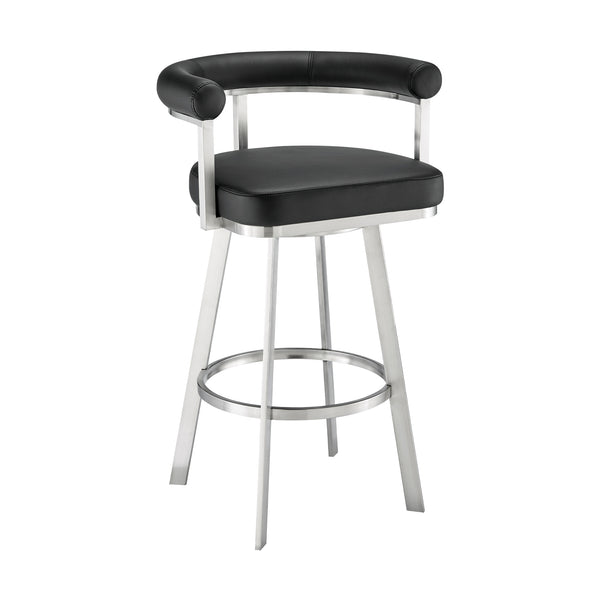 English Elm Pryden 30" Swivel Bar Stool Brushed Stainless & Black Faux Leather — 360° Swivel, Easy-Clean Comfort B2736P354321
