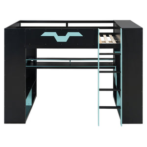 English Elm Full Size Gaming Loft Bed with Rgb Lighting Built-in Desk and Usb Charging Ports Blue LT000275AAC