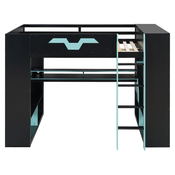 English Elm Full Size Gaming Loft Bed with Rgb Lighting Built-in Desk and Usb Charging Ports Blue LT000275AAC