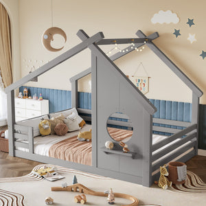 English Elm Twin House Bed Low Profile Pine Wood Frame with Shelf Montessori Kids Floor Sleeping Gray W5305P429646