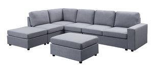 English Elm Cassiana Seven Seat Linen Modular Sectional with Ottoman for Open Living Spaces Light Gray B2749S00049