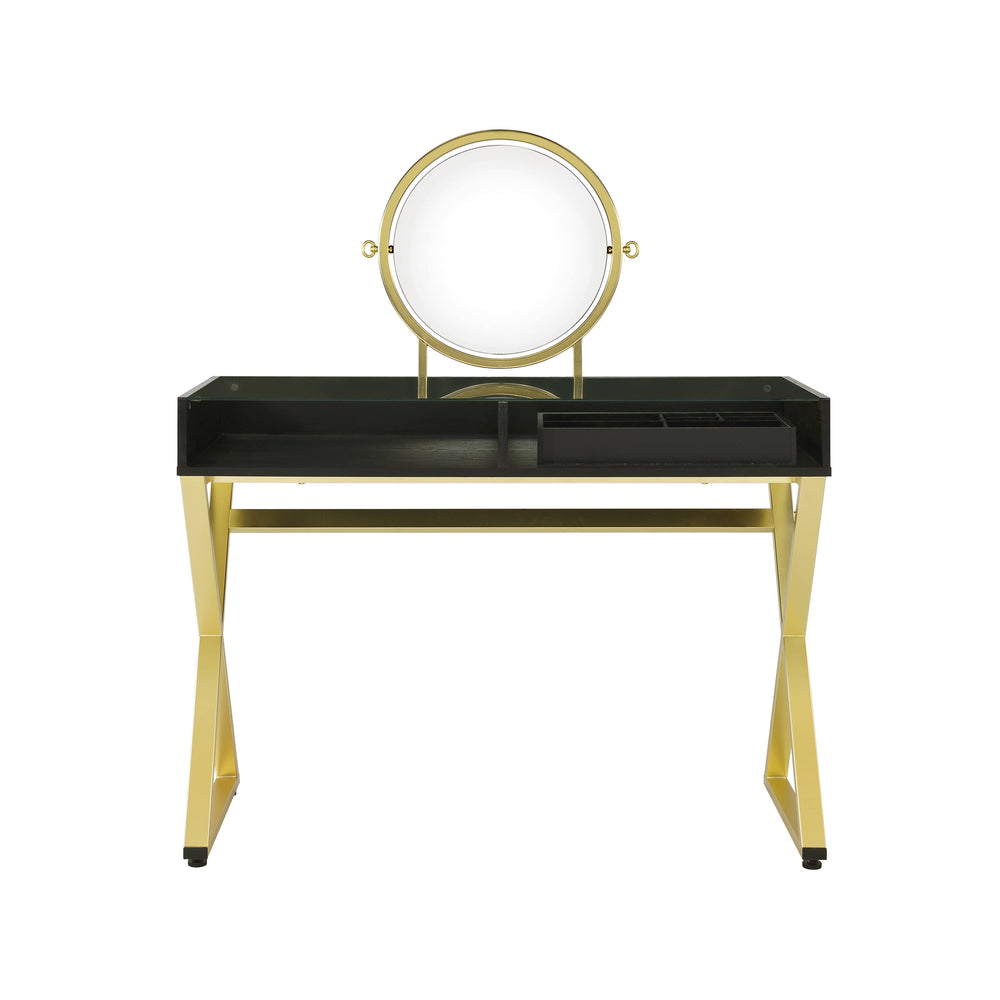 English Elm Coleen Black & Gold Vanity Desk with Mirror and Jewelry Tray — Metal Frame, 2 Drawers, Chic Storage B2726P315736