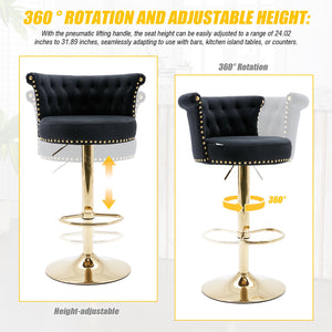 English Elm UNITED Velvet 360° Rotating Bar Chair with Diamond Stitching, Gold Frame, Plush Foam Seat, Adjustable Height Black W1568P361716