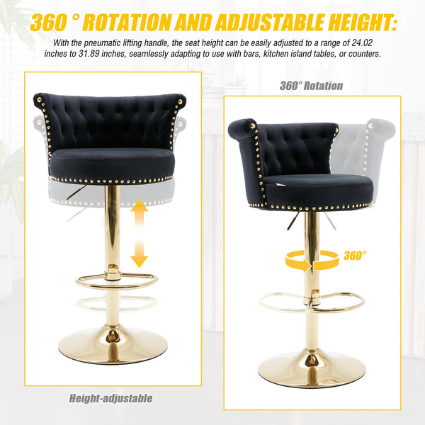 English Elm UNITED Velvet 360° Rotating Bar Chair with Diamond Stitching, Gold Frame, Plush Foam Seat, Adjustable Height Black W1568P361716