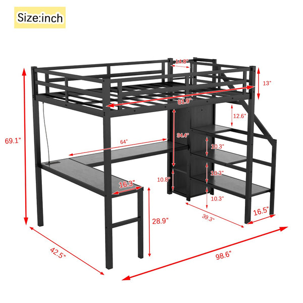English Elm Twin Xl Metal Loft Bed With L-Shaped Desk & Usb Ports – Stylish Space-Saver For Teens & Adults! W1580S00041-GIGA