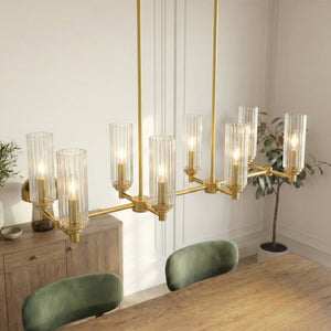 English Elm Willow Eight Light Linear Island Pendant Satin Brass Ribbed Glass Kitchen Fixture B183P231769