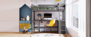 English Elm Twin Loft Bed with Built-in Desk and Open Shelves Solid Pine Kids Study Sleep Gray LT001537AAE-1