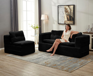 English Elm Multi Functional Sectional Sofa Bed Plush Corduroy Convertible 80" King Sleeper with Chaise, Deep Fluff Black W3219P339469