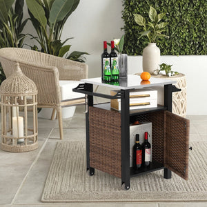 English Elm Single outdoor bar cart with wicker storage, stainless steel expandable top, wheels, wine rack & hooks for patio use W640P256896