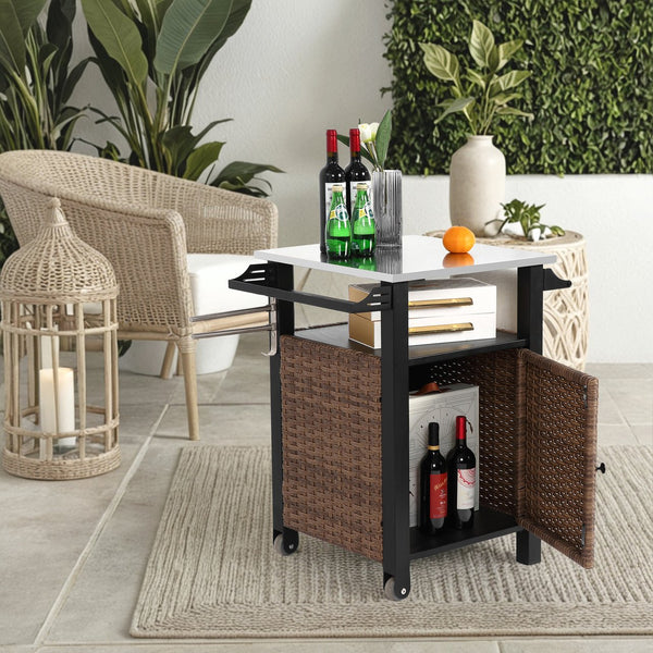 English Elm Single outdoor bar cart with wicker storage, stainless steel expandable top, wheels, wine rack & hooks for patio use W640P256896