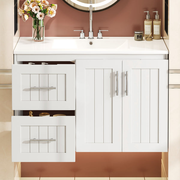 English Elm 36'' Wall Mounted Bathroom Vanity with Ceramic Sink, Solid Wood & MDF Floating Cabinet with Drawers White N710P293299K