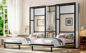 English Elm Twin Twin Murphy Bed with Metal Frame, Foldable 2-in-1 Space-Saving Design, Built-In Wardrobe, Shelves, Power Outlets and Durable Storage Solution Off White W1580S00147