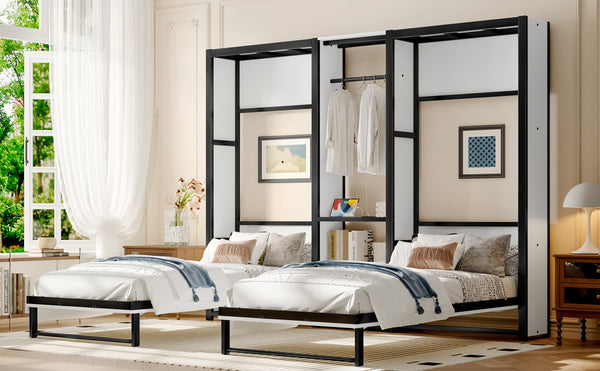 English Elm Twin Twin Murphy Bed with Metal Frame, Foldable 2-in-1 Space-Saving Design, Built-In Wardrobe, Shelves, Power Outlets and Durable Storage Solution Off White W1580S00147