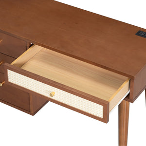 English Elm 39" Bohemian Walnut Vanity Set with Rattan Drawers Built-in Usb Ports and Cushioned Stool N733P180011D