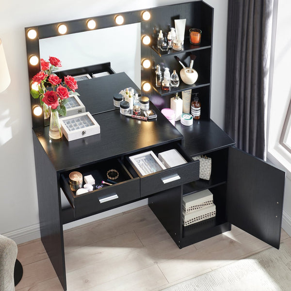 English Elm Vanity 46.4IN Dressing Table with LED Mirror Lights, 2 Spacious Drawers & Vertical Organizer, Eco-Friendly Surface and Adjustable Brightness for Bedroom Use Black W2386P200053