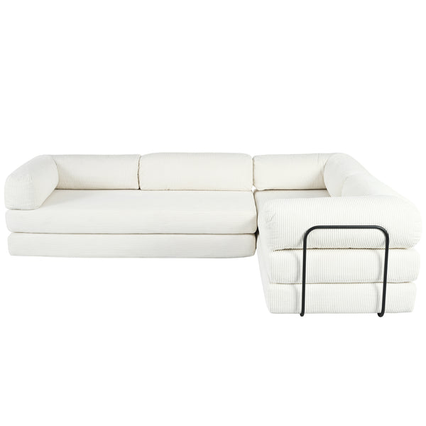 English Elm U_style Modular Corduroy Sectional Sofa Converts to Guest Bed for Apartment Living Beige WY000463AAA