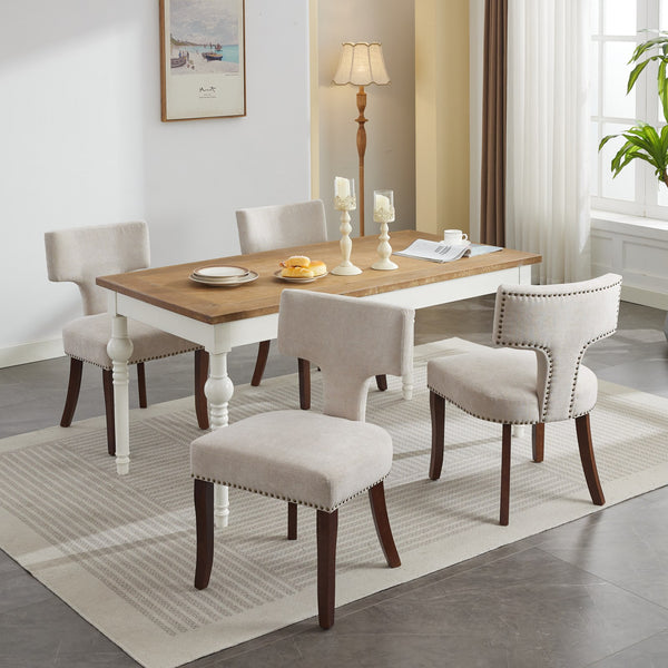 English Elm Mid Curved Back Dining Chairs Set of 2 with Copper Nail Trim, High-Density Foam Seats, Walnut Legs Beige W1143P186366