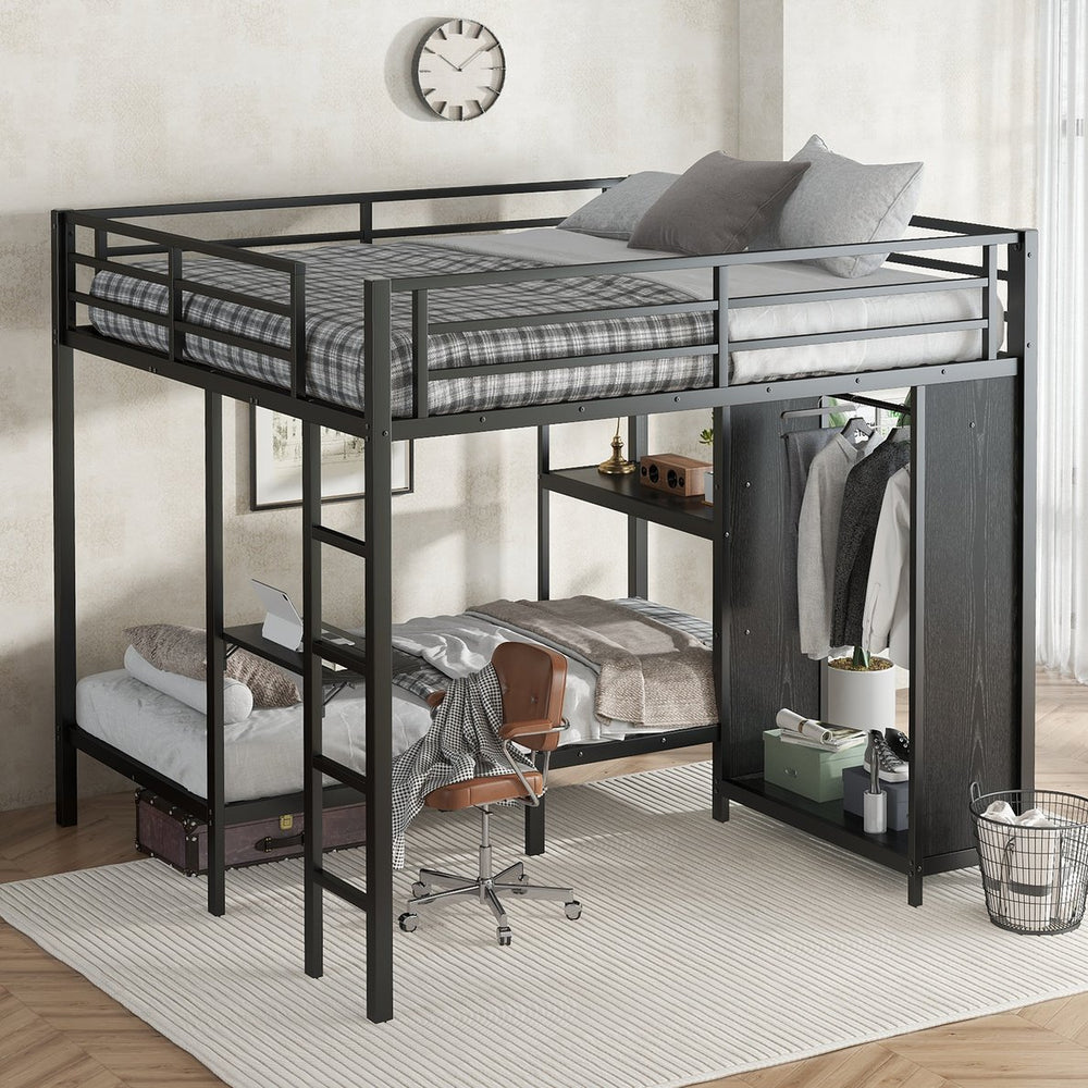 English Elm King Metal Bunk Bed King over Twin XL with Built-In Wardrobe, Foldable Desk, Shelf & Sturdy MDF W1580S00111