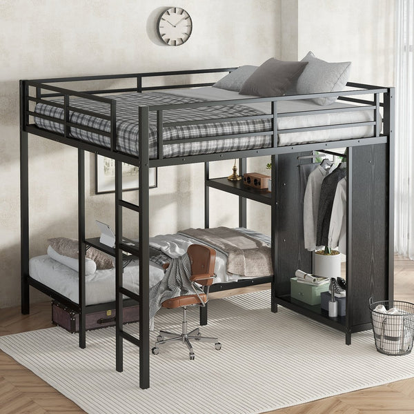 English Elm King Metal Bunk Bed King over Twin XL with Built-In Wardrobe, Foldable Desk, Shelf & Sturdy MDF W1580S00111