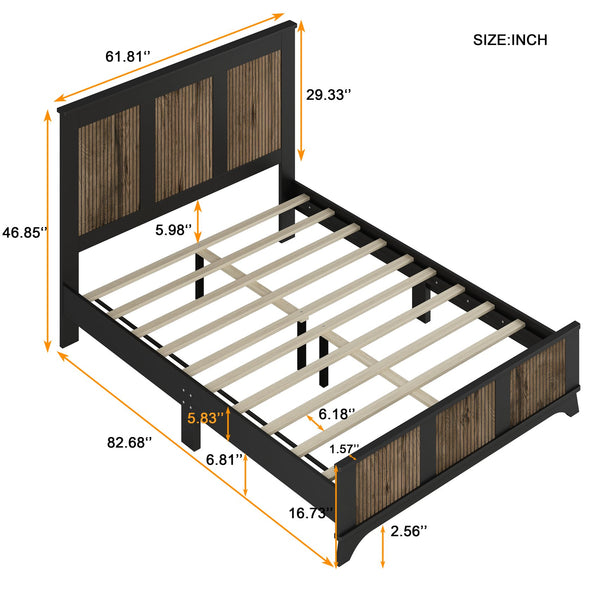 English Elm Farmhouse Wooden Platform Bed Queen with Rustic Strip Headboard, Plywood Slat Support, 700lb Capacity Black 67.32 L x 21.77 W x 7.87 H WF530906AAB