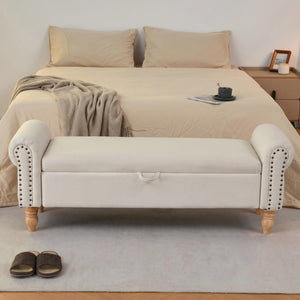 English Elm Storage Ottoman Bench Upholstered in Beige Fabric with Rolled Arms and Rubberwood Legs W3523P450228