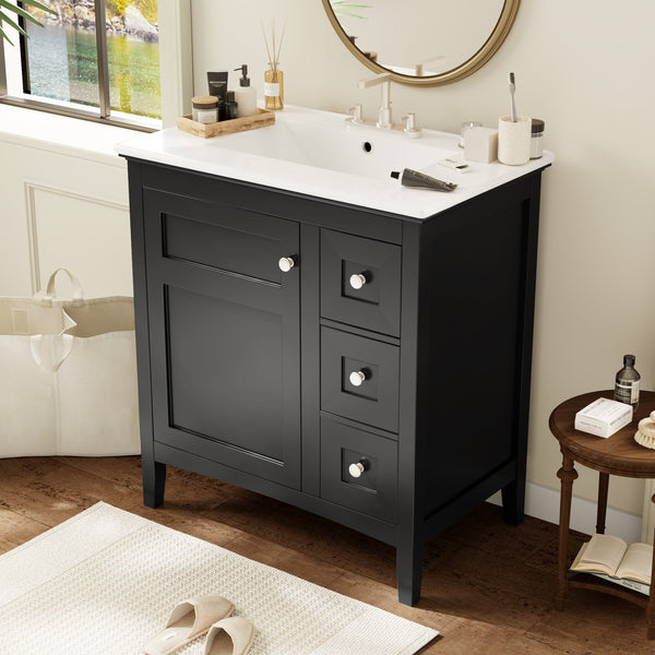 English Elm 30 Inch Bathroom Vanity with Ceramic Sink and 3 Smooth-Glide Drawers, Modern Moisture-Resistant Storage Black N710P252105B